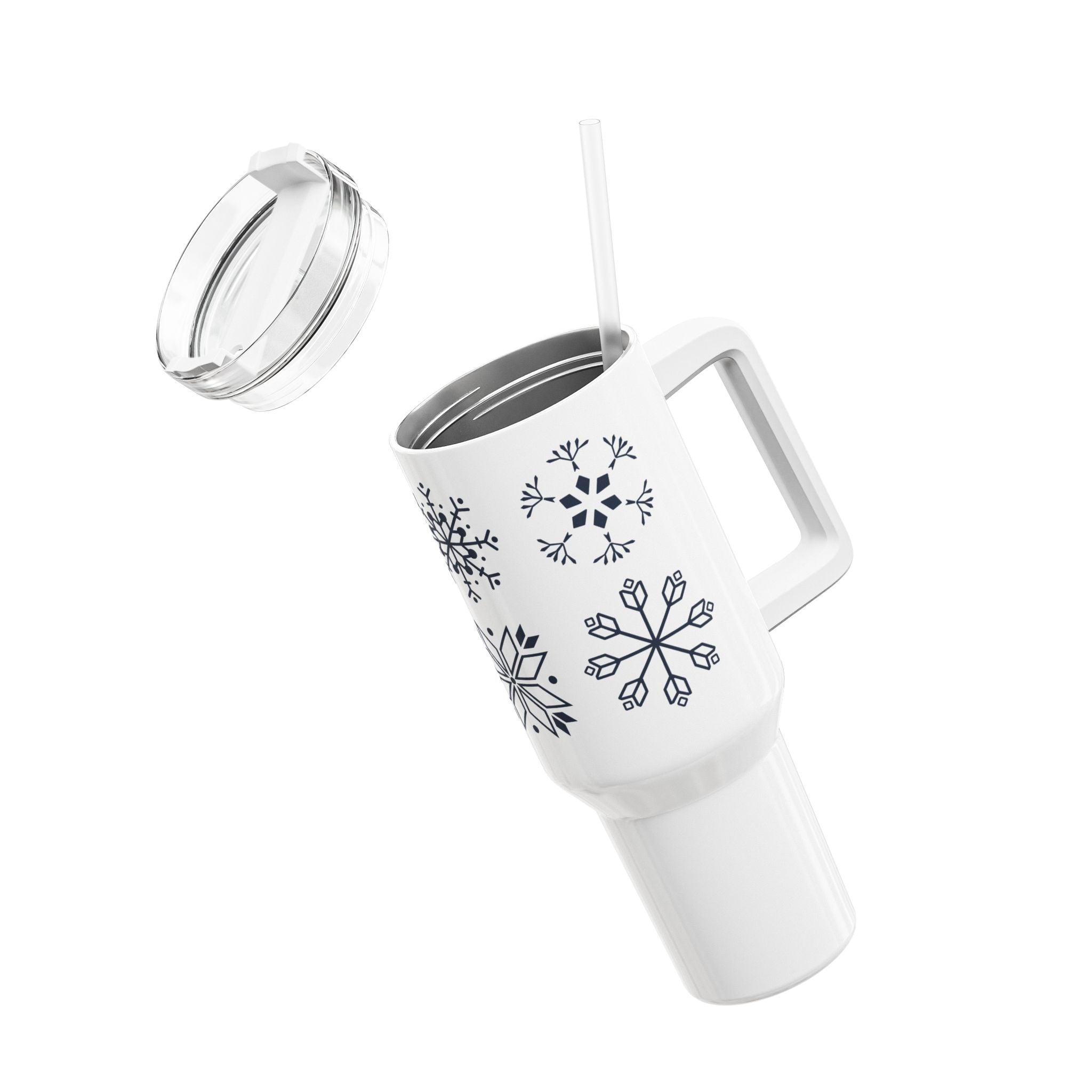 Edelstahl Tumbler mit Schneeflocken-Design, doppelwandig isoliert, BPA-frei, 40oz, mit transparentem Deckel und Strohhalm.