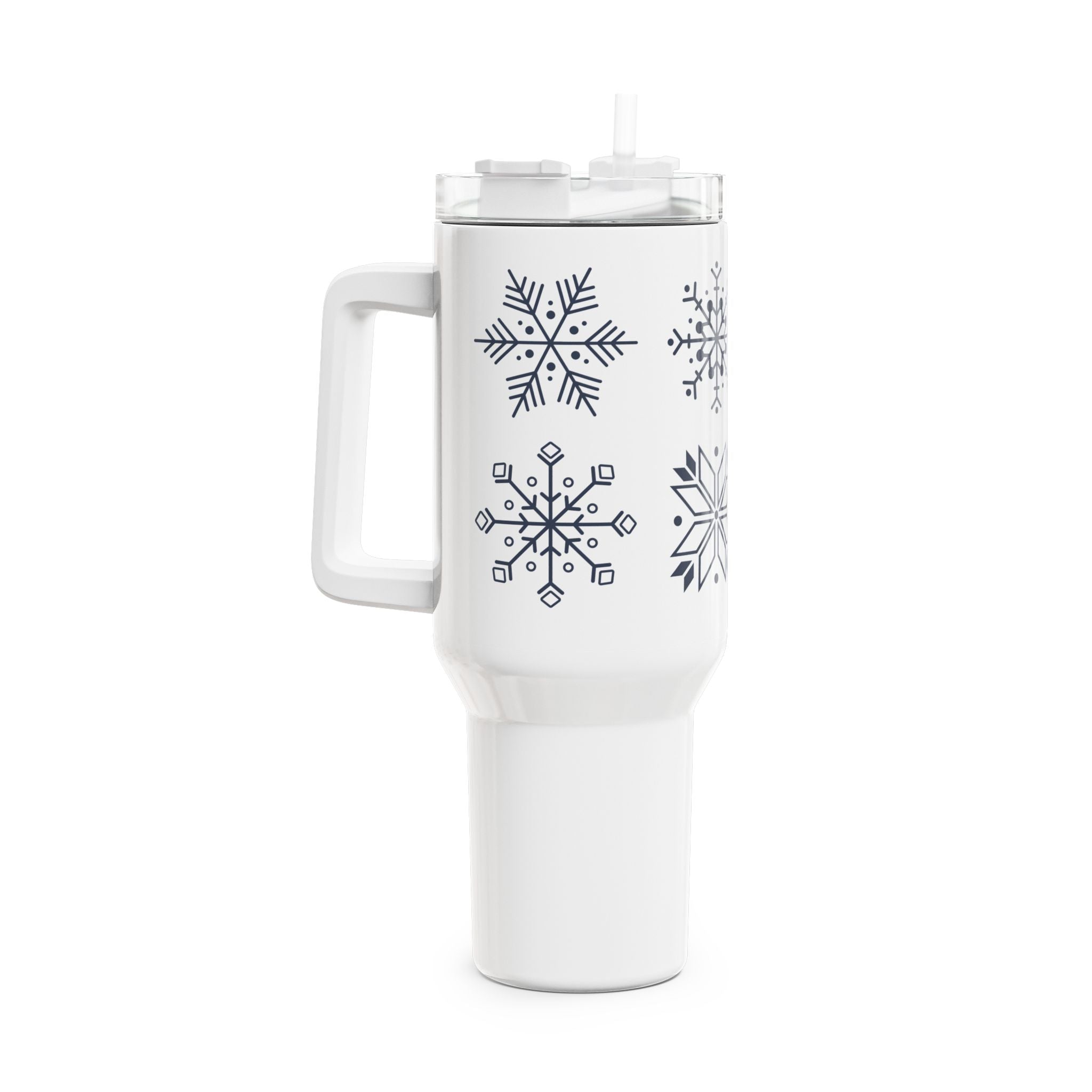 Stainless steel tumbler with snowflake design, double-walled insulation, BPA-free, stylish, 40oz capacity.