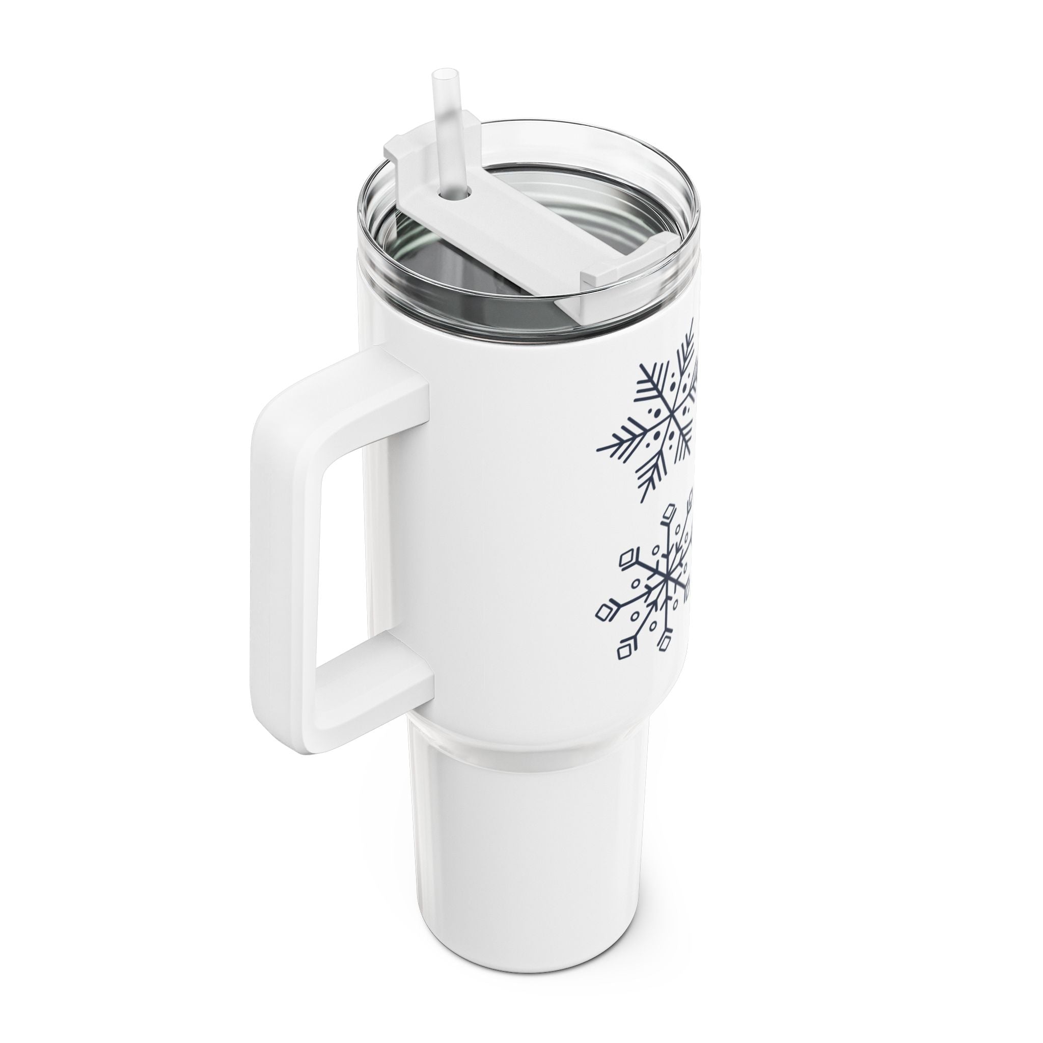 Stainless steel tumbler with snowflake design, BPA-free, double-wall insulated, 40oz capacity, stylish and durable.