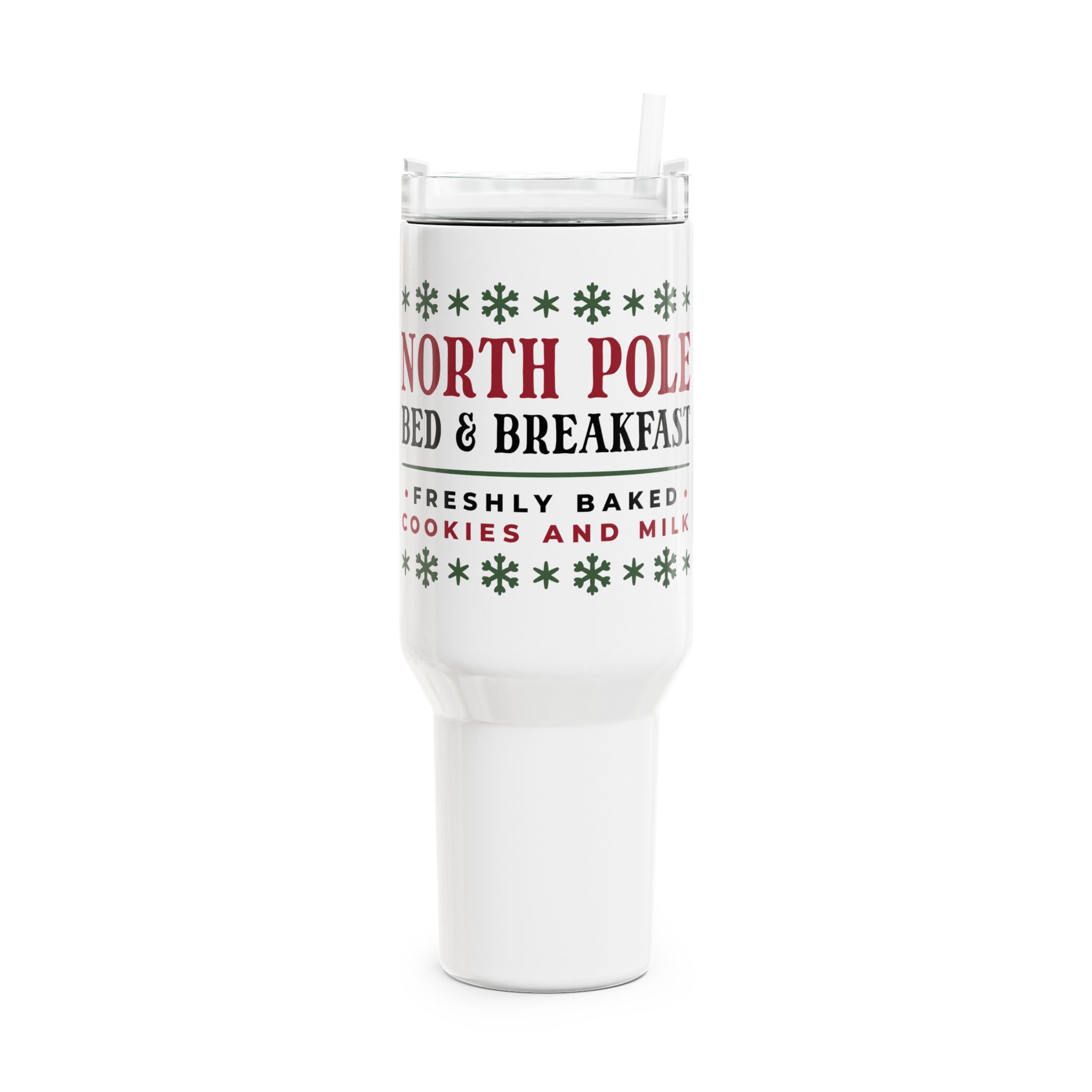 Stainless steel tumbler with festive North Pole design and straw, perfect for hot and cold drinks, BPA-free, 40oz capacity.