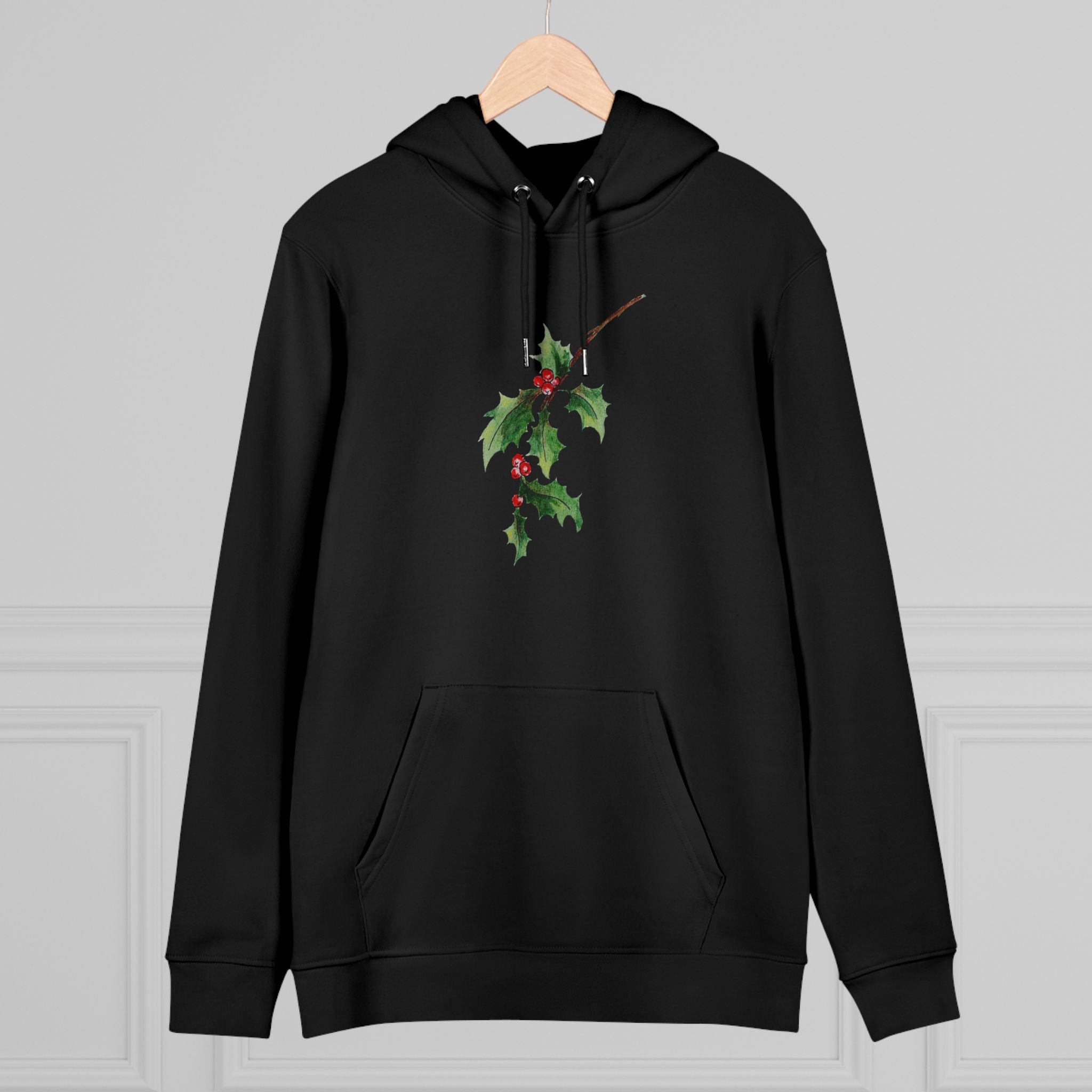 Unisex Weihnachts-Hoodie mit handgezeichnetem Stechpalmen-Motiv