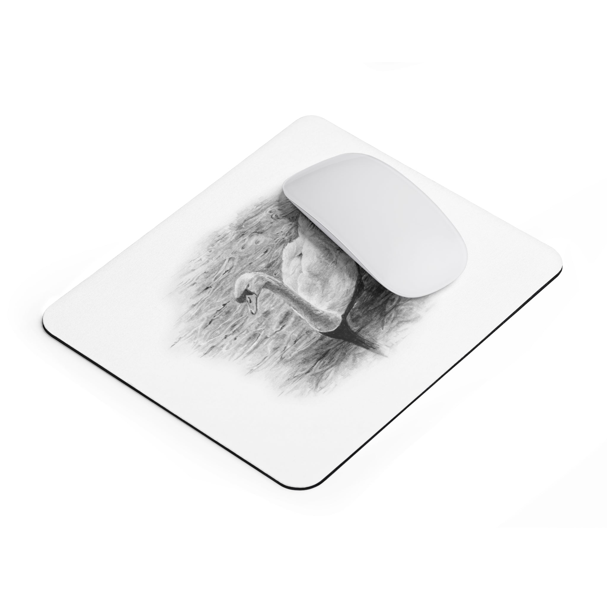 Mousepad mit handgezeichnetem Schwan im Wasser – Weiß