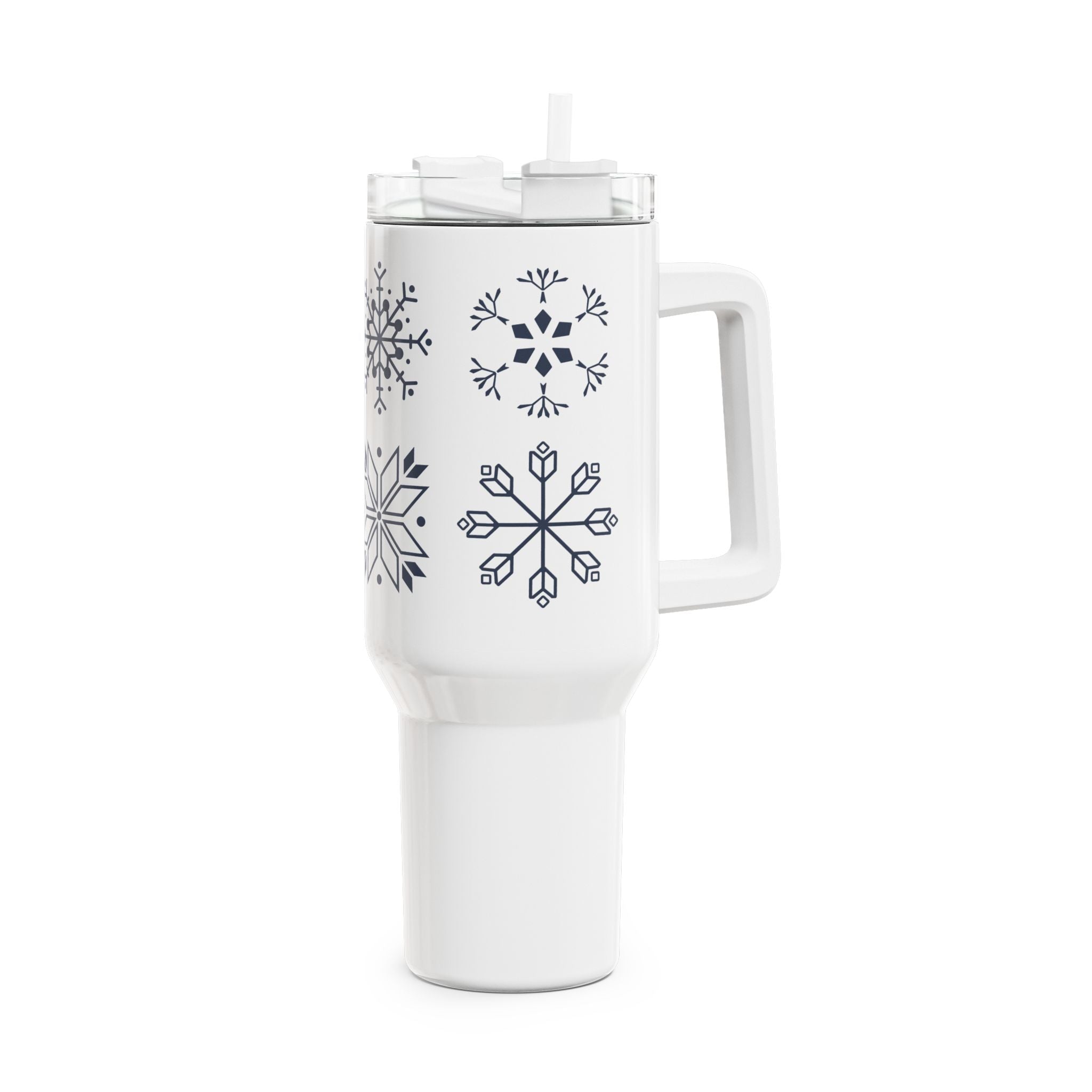 Stainless steel tumbler with snowflake design, BPA-free, double-walled insulation, 40oz capacity, winter theme.