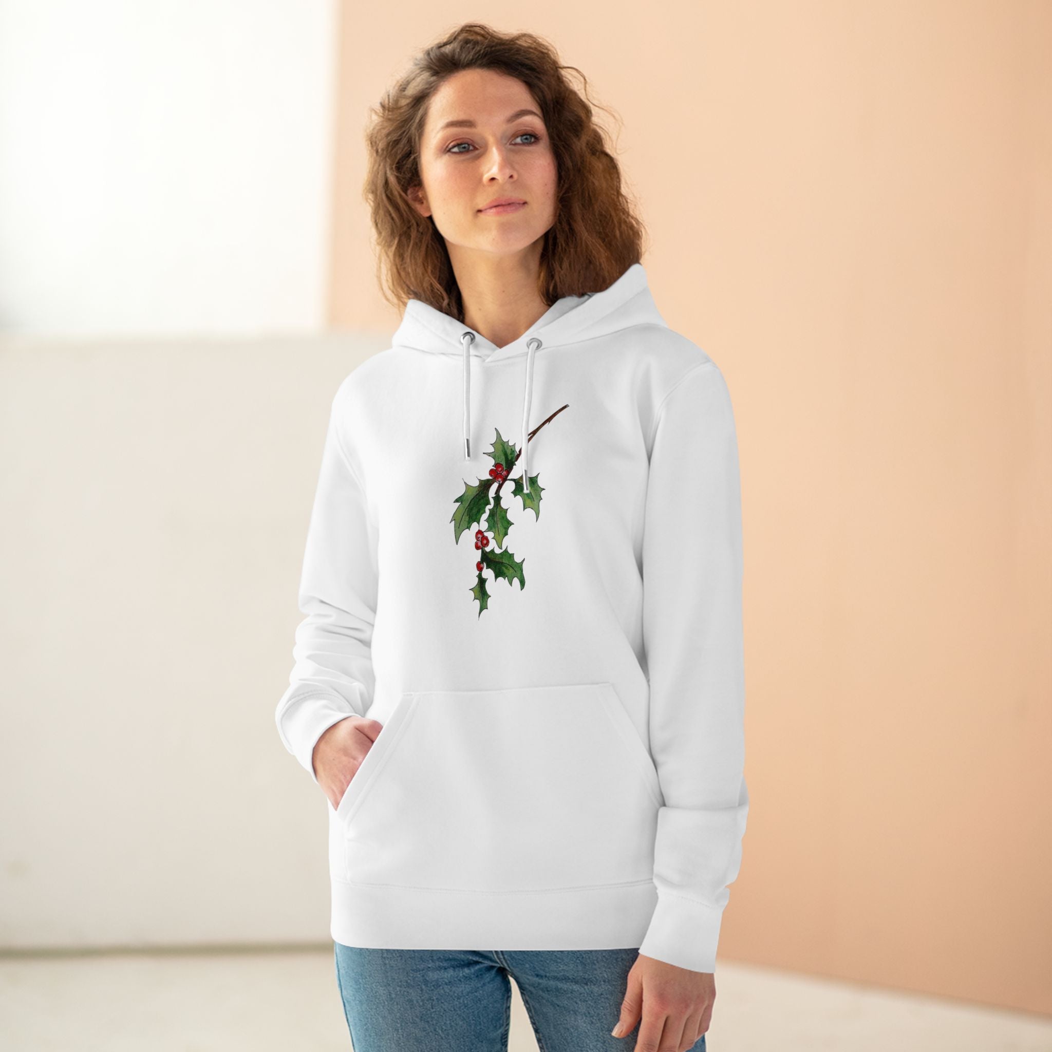 Unisex Weihnachts-Hoodie mit handgezeichnetem Stechpalmen-Motiv