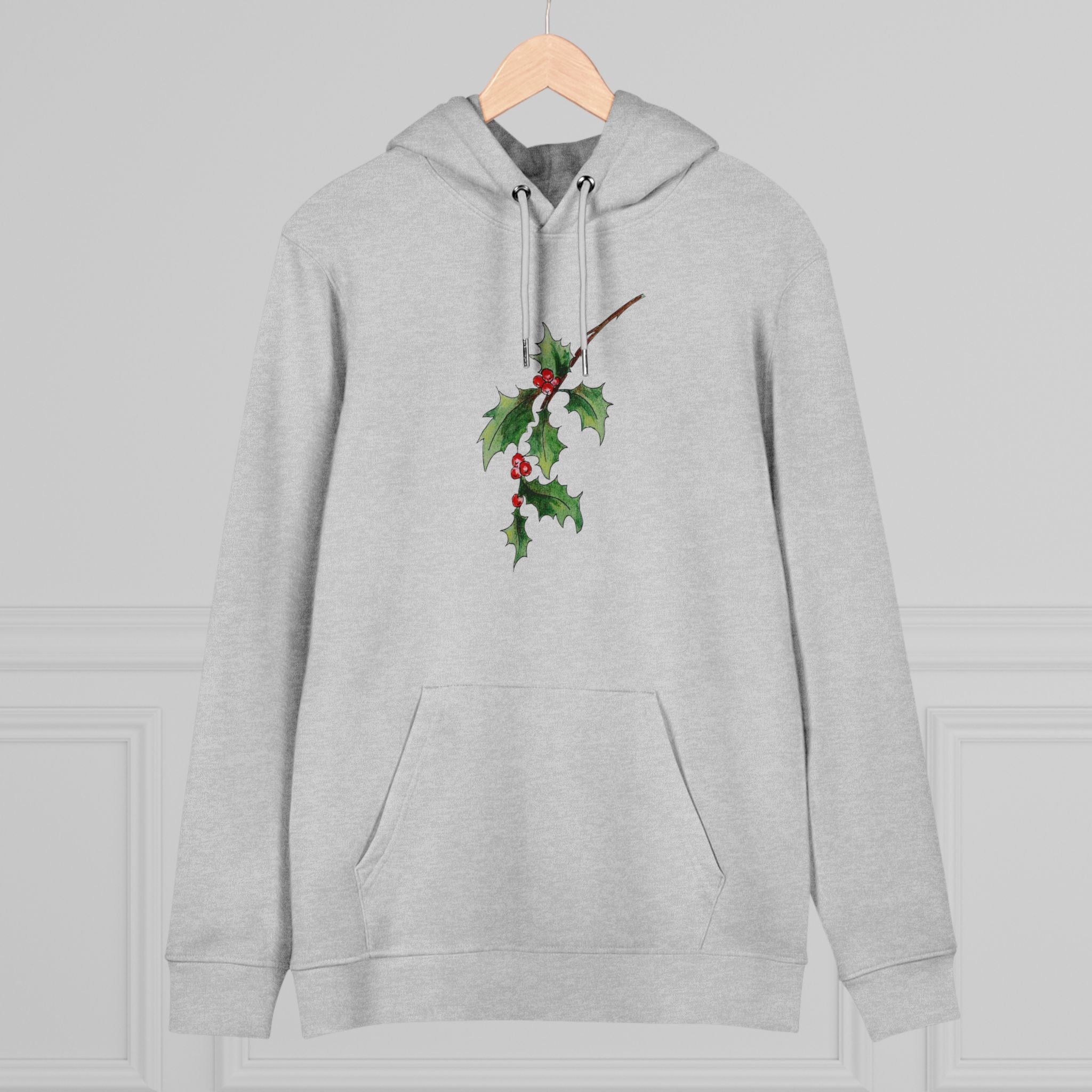 Unisex Weihnachts-Hoodie mit handgezeichnetem Stechpalmen-Motiv