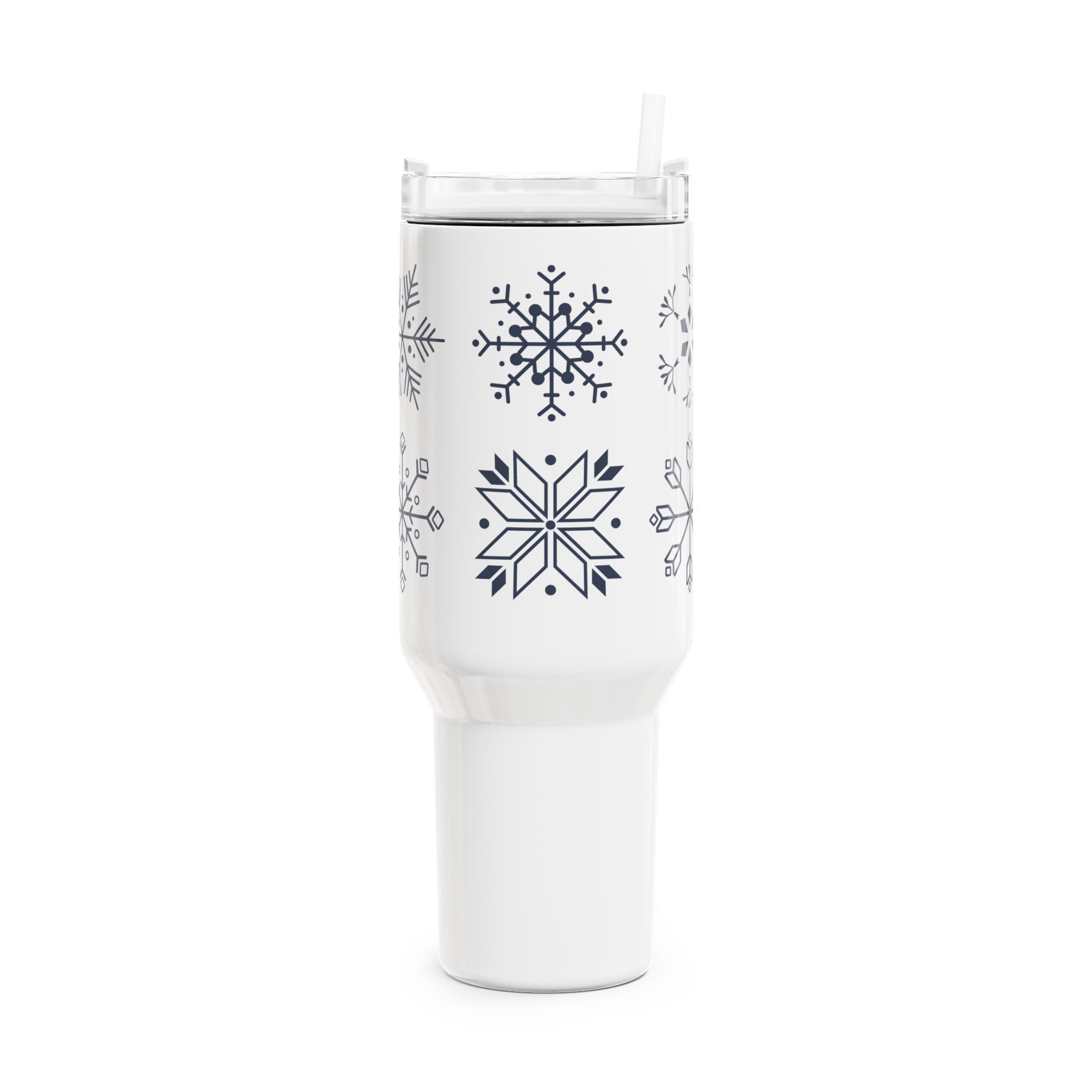 Stainless steel tumbler with winter snowflake design, double-walled, BPA-free, 40oz capacity, stylish and durable.