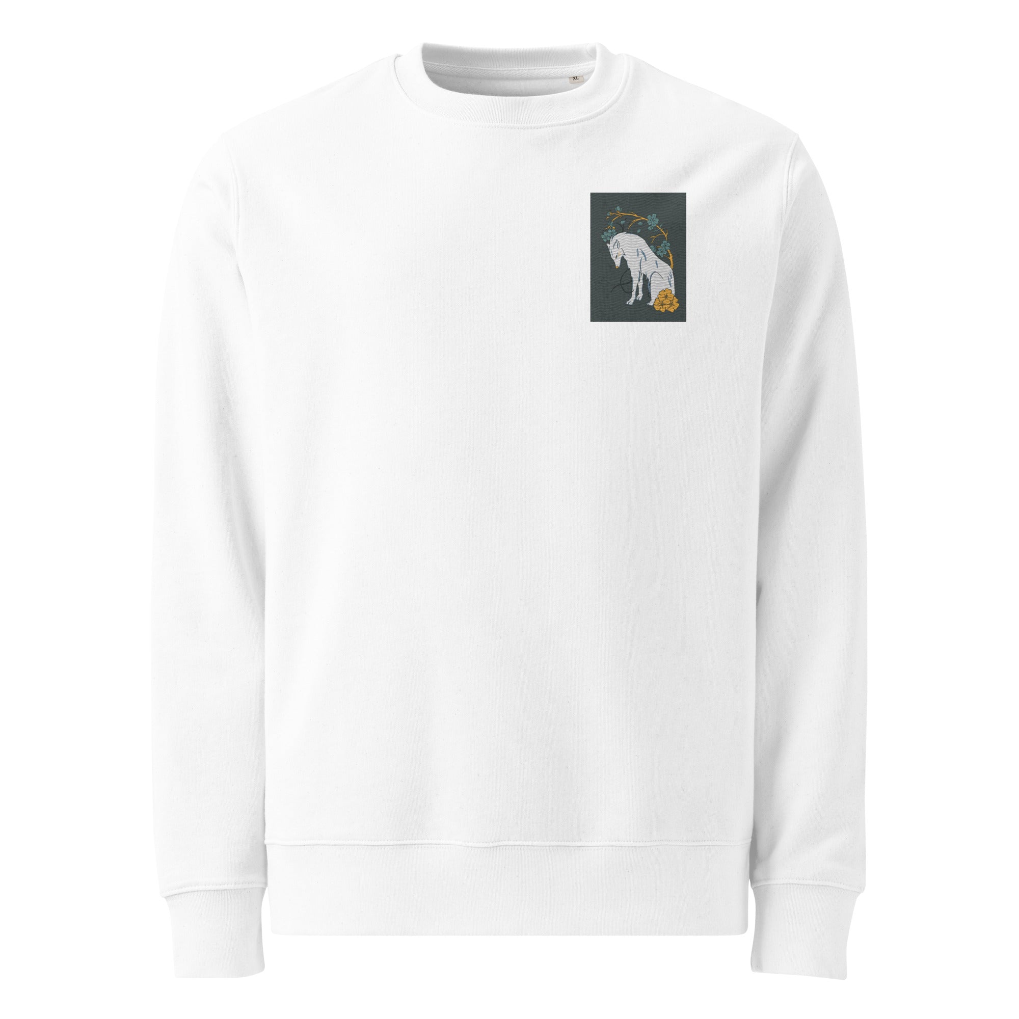 Unisex Sweatshirt mit gesticktem Wolf und Blumenranke – Cottagecore